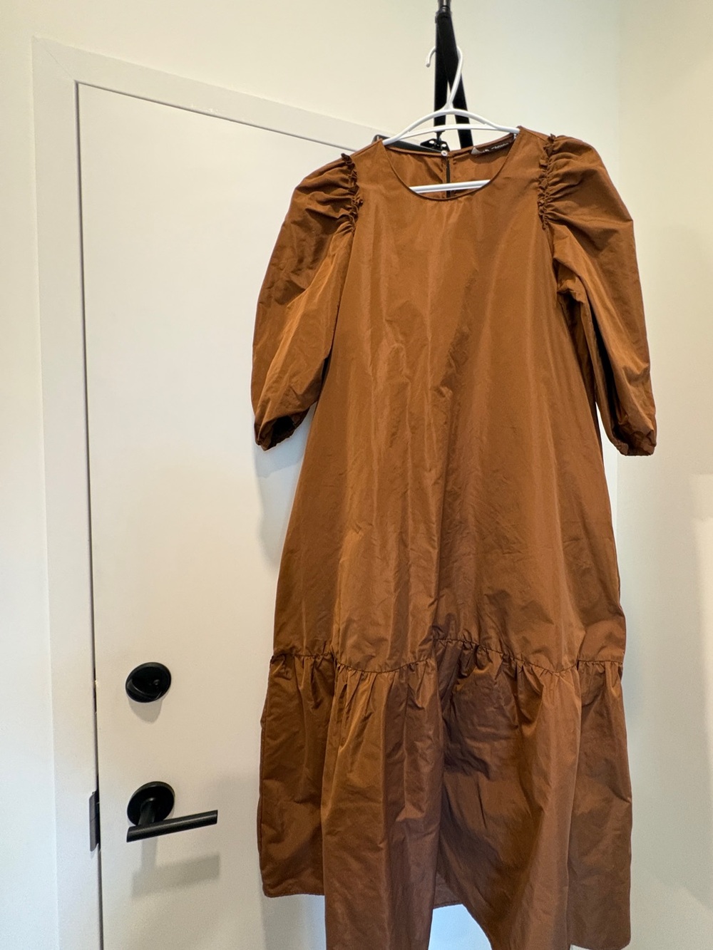 Zara Copper Taffeta Puff-Sleeve Midi Dress